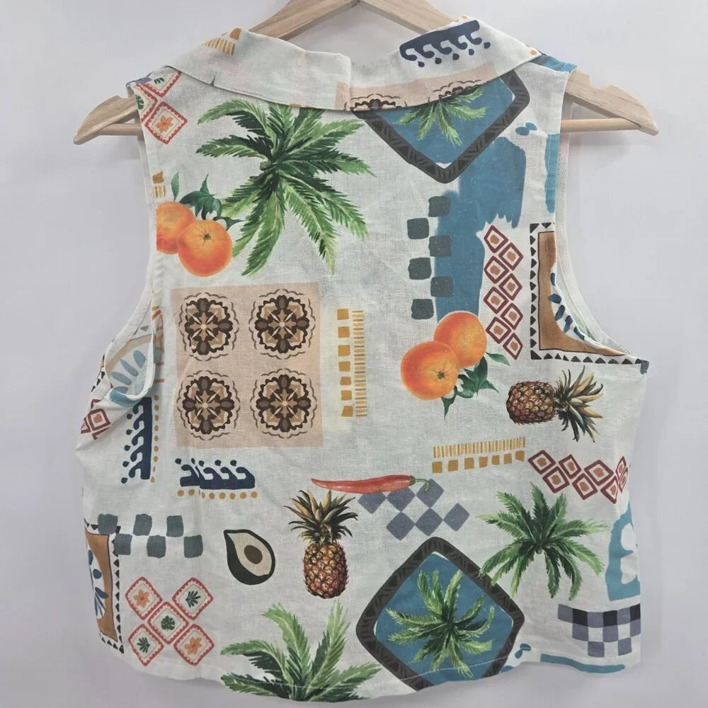 Terzo Millenio White Tropical Fruit Linen Made in Italy Sleeveless Blouse Small